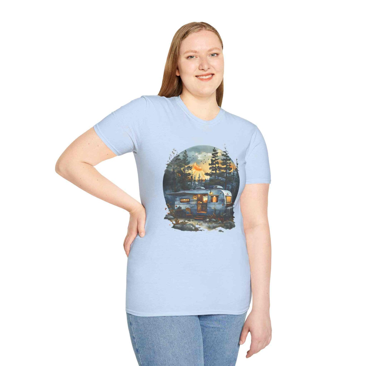 Cozy Camper Unisex softstyle t-shirt with camping trailer graphic worn by smiling woman in light blue