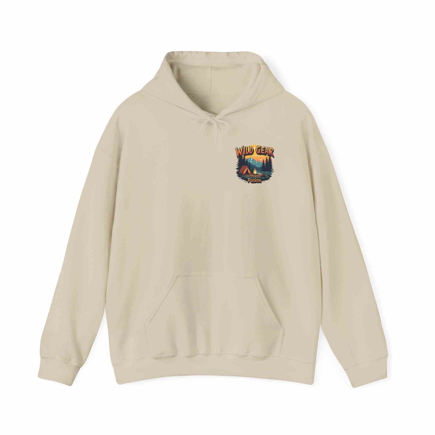 Beige Wild Gear Fusion hoodie with outdoor adventure graphic and front pocket, unisex casual wear for hiking and camping