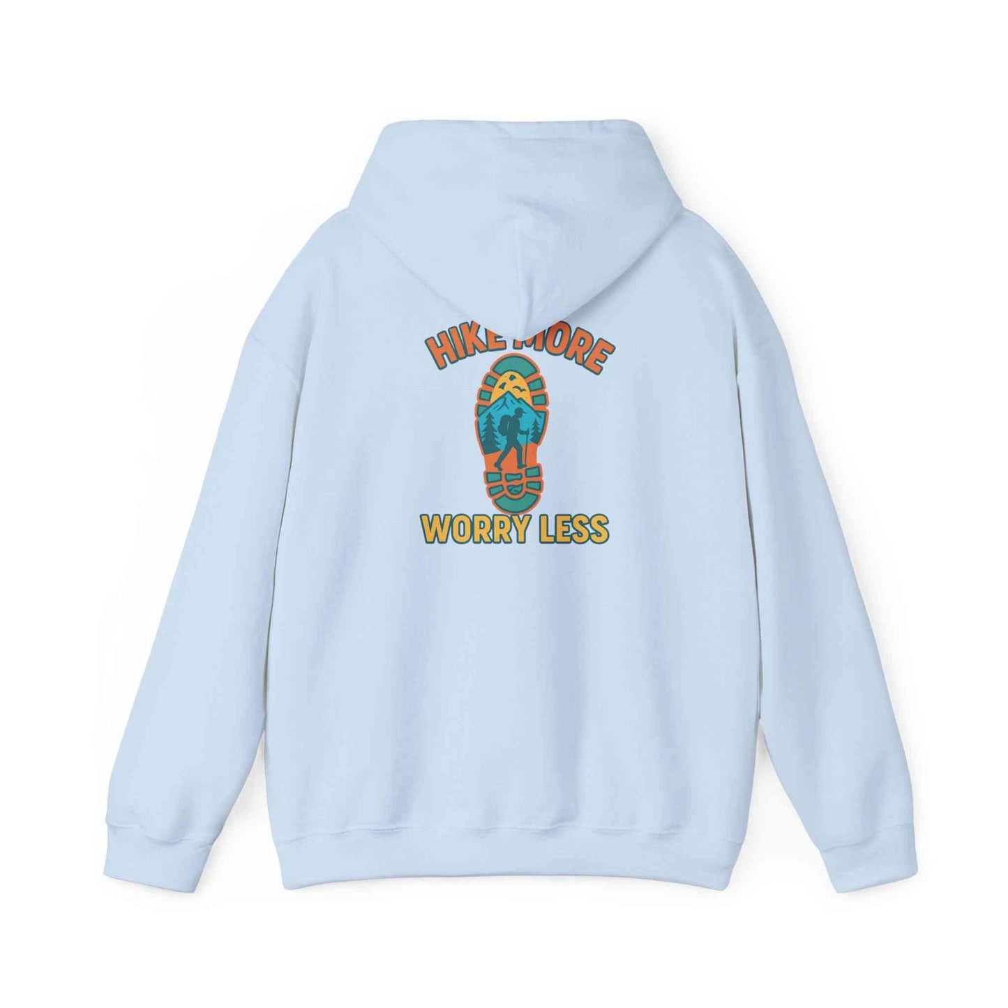 light blue unisex heavy blend hooded sweatshirt with "Hike More Worry Less" graphic on the back