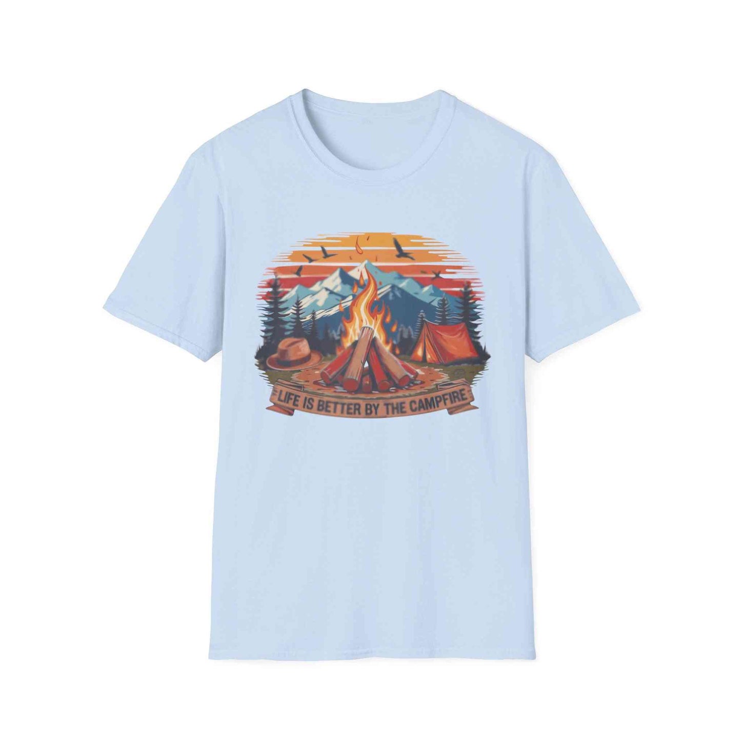 Campfire Vibes Unisex Softstyle T-Shirt with campfire and mountain design, outdoor lovers tee