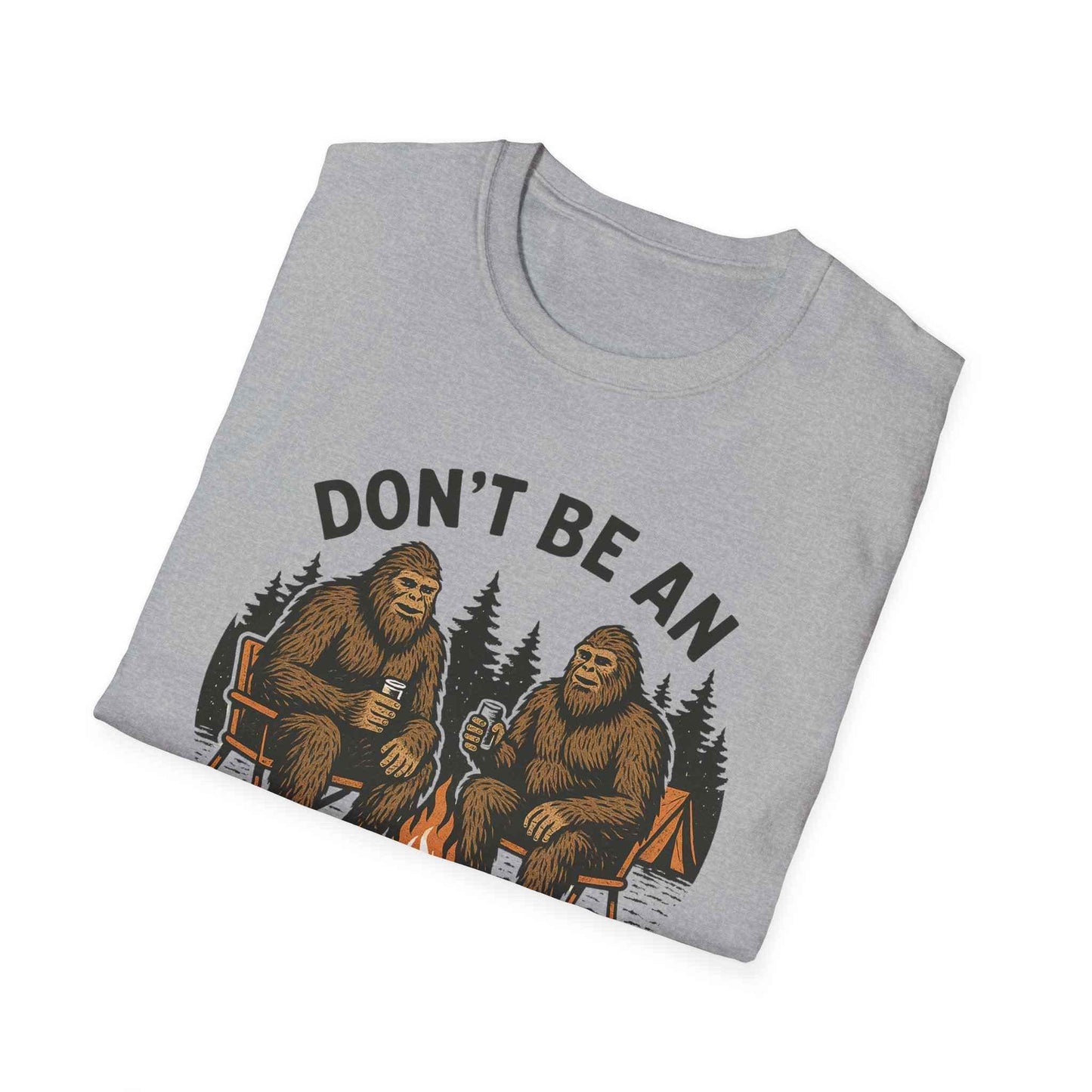 Funny Sasquatch Camping T-Shirt with humorous Bigfoot design and outdoor theme on gray unisex tee