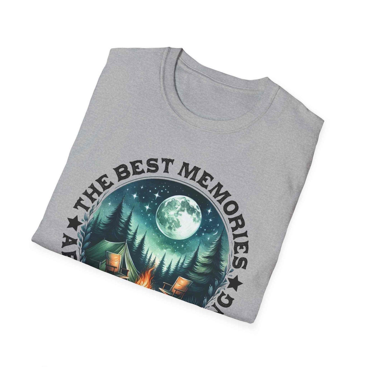 Camping Memories Unisex Softstyle T-Shirt with outdoor camping graphic and moon design