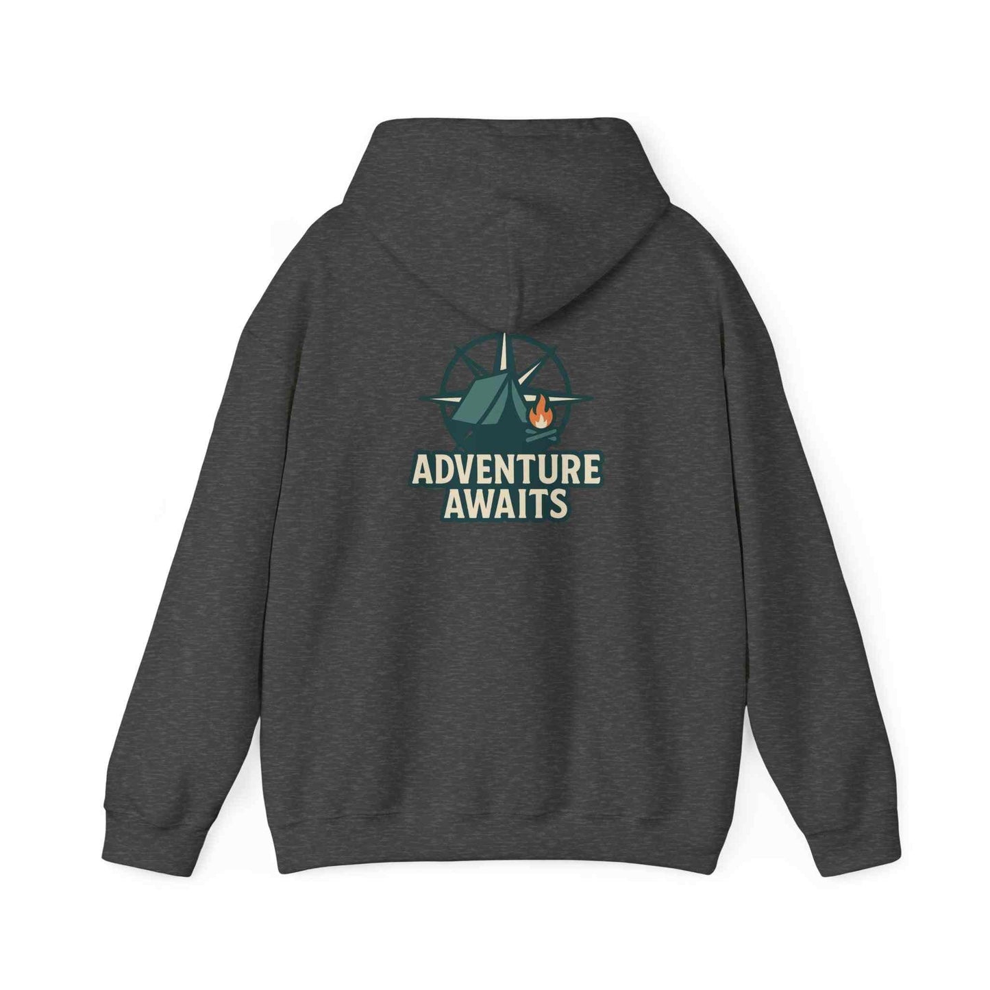 Dark gray Adventure Awaits unisex hoodie with camping tent and campfire graphic on back, casual travel wear for adventure lovers