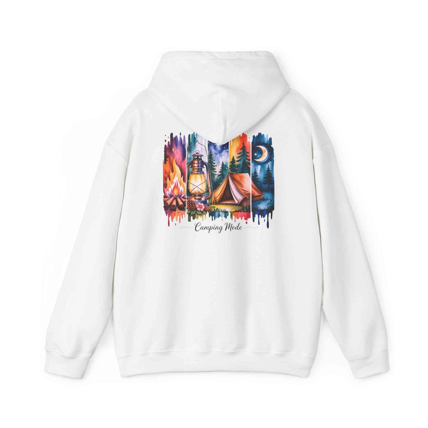 White unisex heavy blend hoodie with colorful camping-themed graphic and "Camping Mode" text on back, cozy camping hoodie