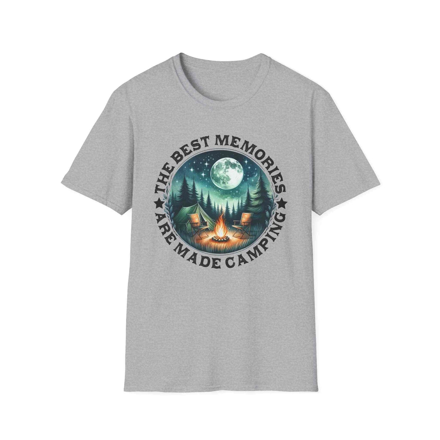 Gray Camping Memories Unisex Softstyle T-Shirt with campfire and moon graphic design