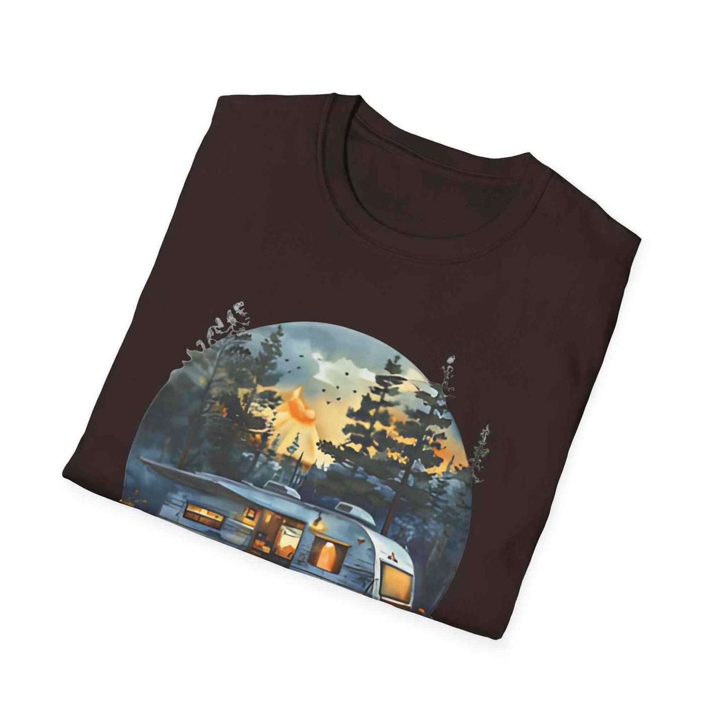 Cozy Camper Unisex Softstyle T-Shirt with scenic trailer and forest design on black fabric