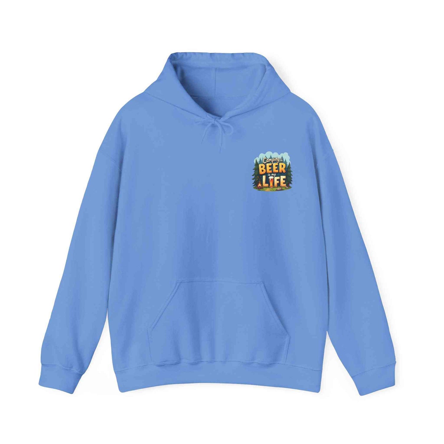 Blue unisex Beer Life Camping Hoodie with kangaroo pocket and adjustable hood, perfect for outdoor wear and beer enthusiasts