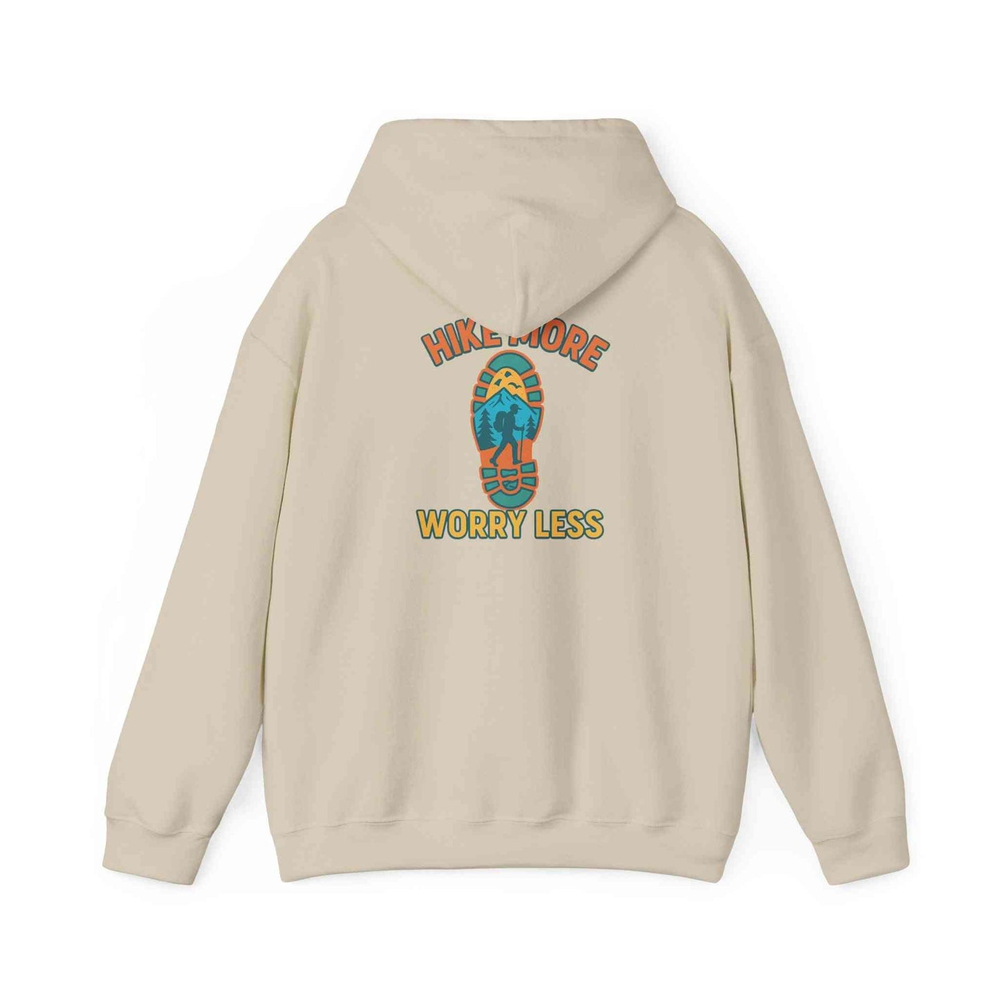 Beige unisex heavy blend hooded sweatshirt with "Hike More Worry Less" hiking boot print on back