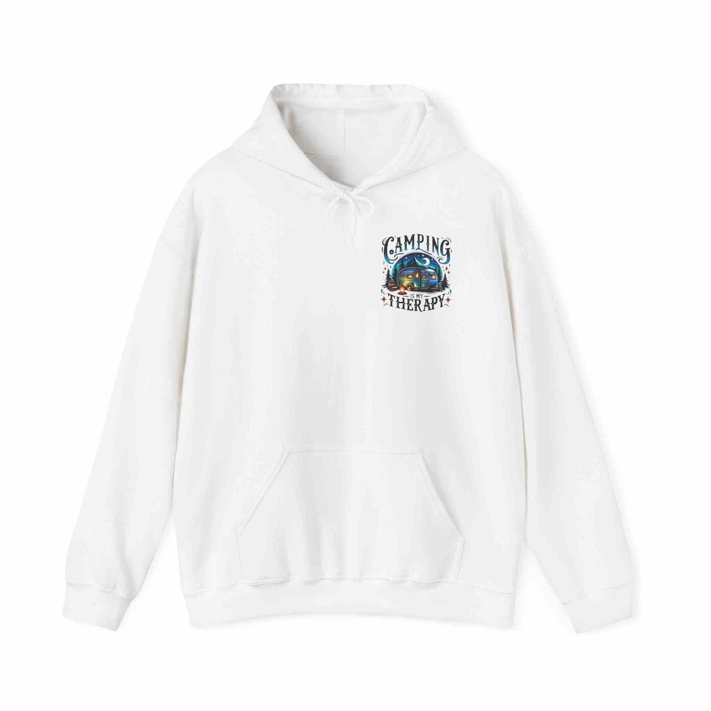 White Camping Therapy Sweatshirt with hood and front pocket featuring outdoor-themed graphic design