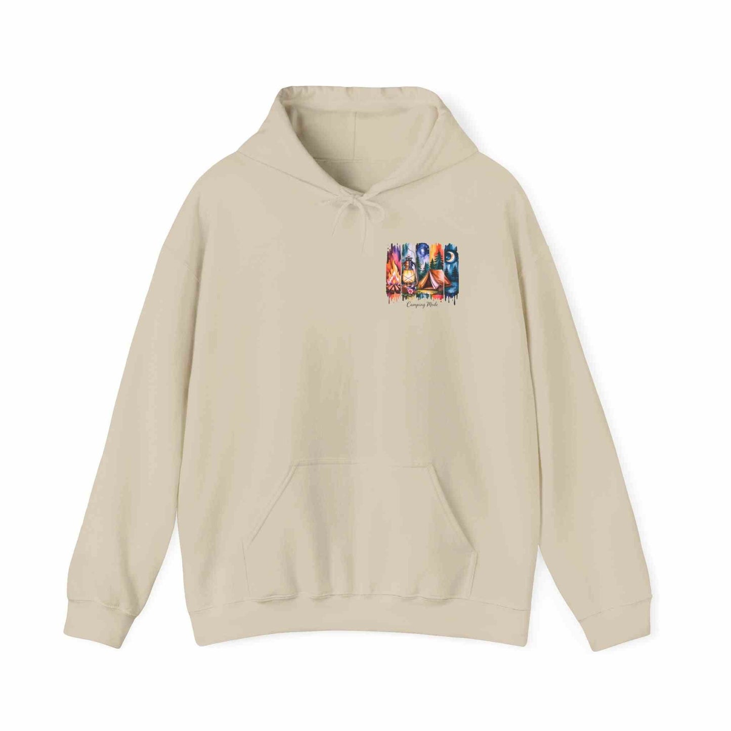 Unisex cozy camping hoodie with heavy blend fabric and campfire graphic design