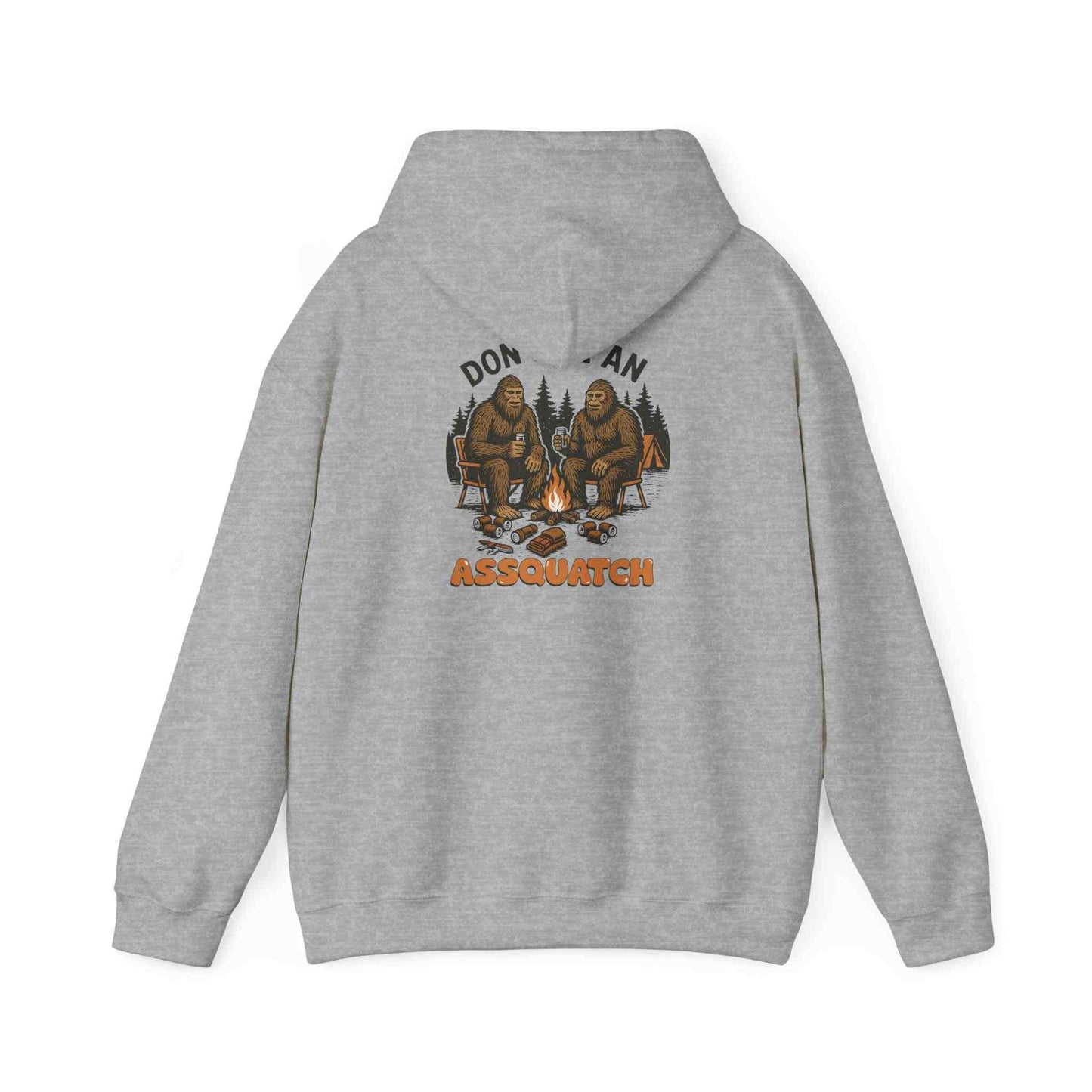 Grey unisex Cozy Bigfoot Hoodie with campfire Sasquatch design on back