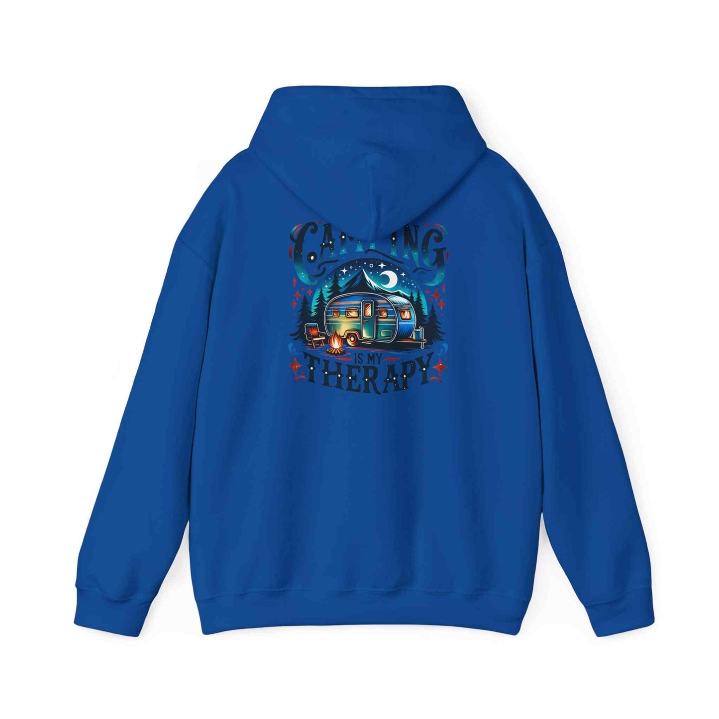 Blue cozy hooded Camping Therapy Sweatshirt with camper and campfire graphic design on back