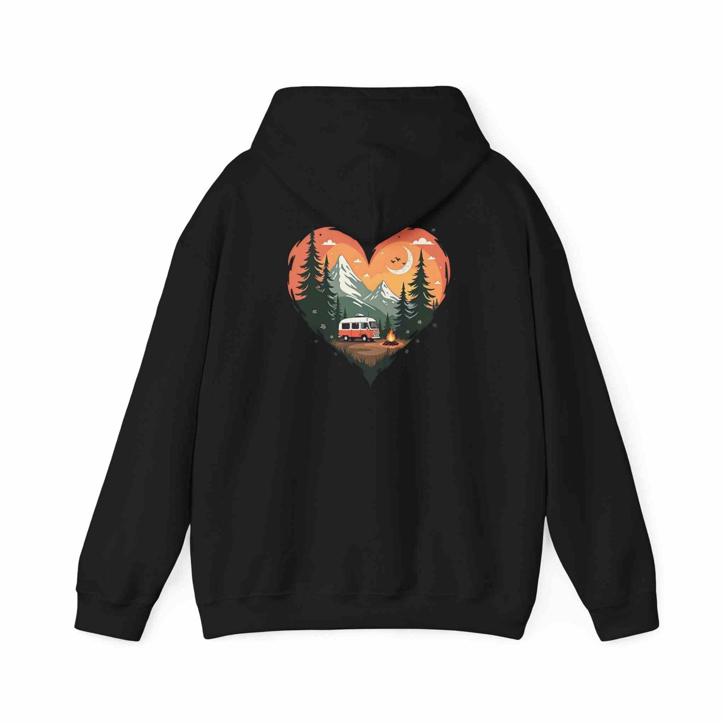 Unisex black hoodie with nature lover's heart graphic featuring trees, mountains, sunset, and camper van, cozy outdoor sweatshirt for camping and hiking