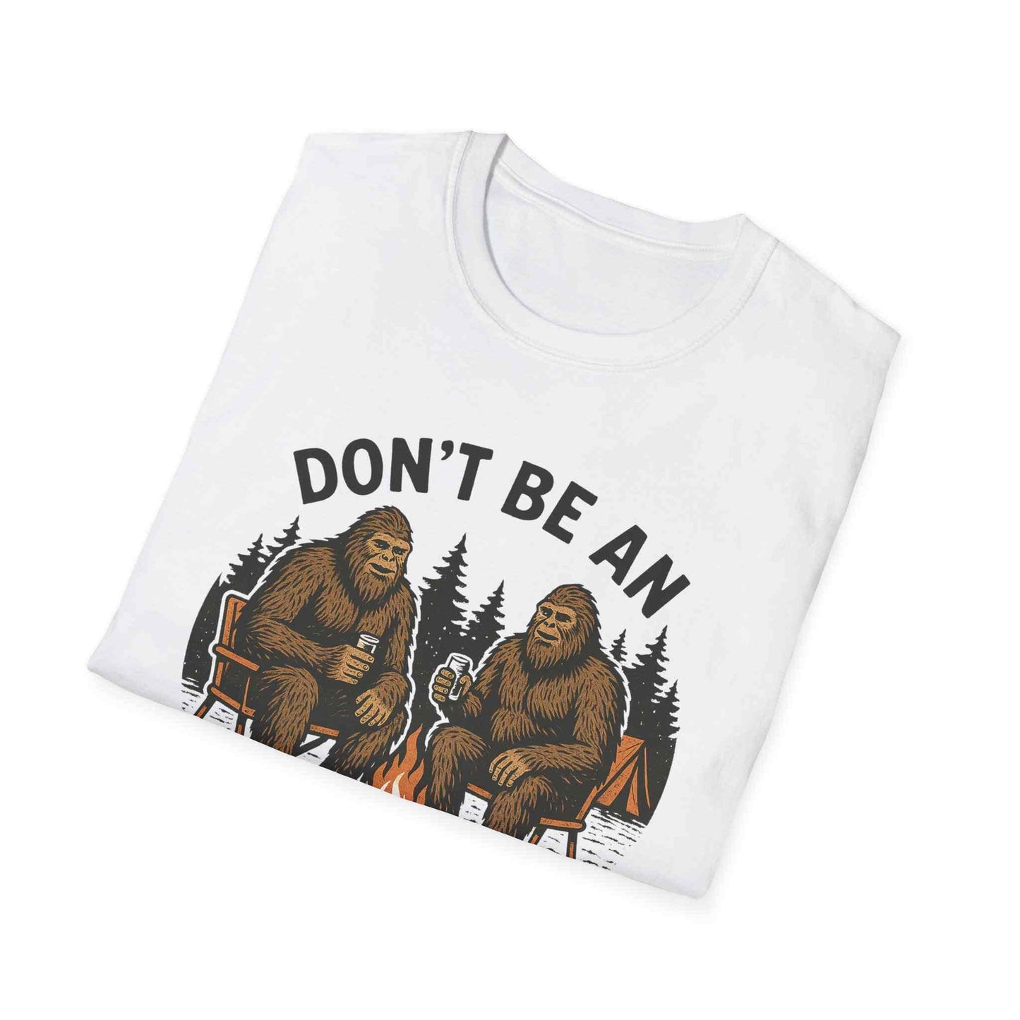 Funny Sasquatch Camping T-Shirt with Bigfoot graphic and outdoor theme on white tee