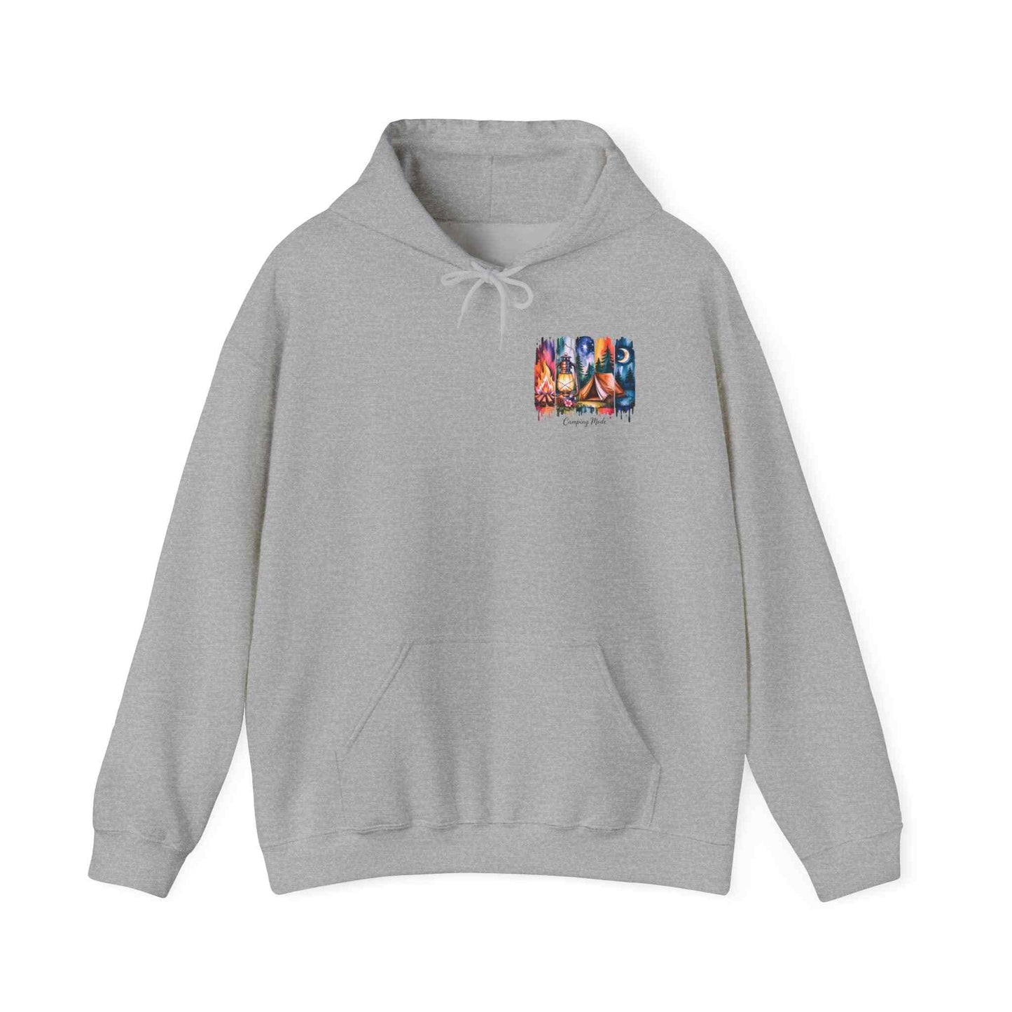 Gray unisex cozy camping hoodie with colorful campfire graphic on chest