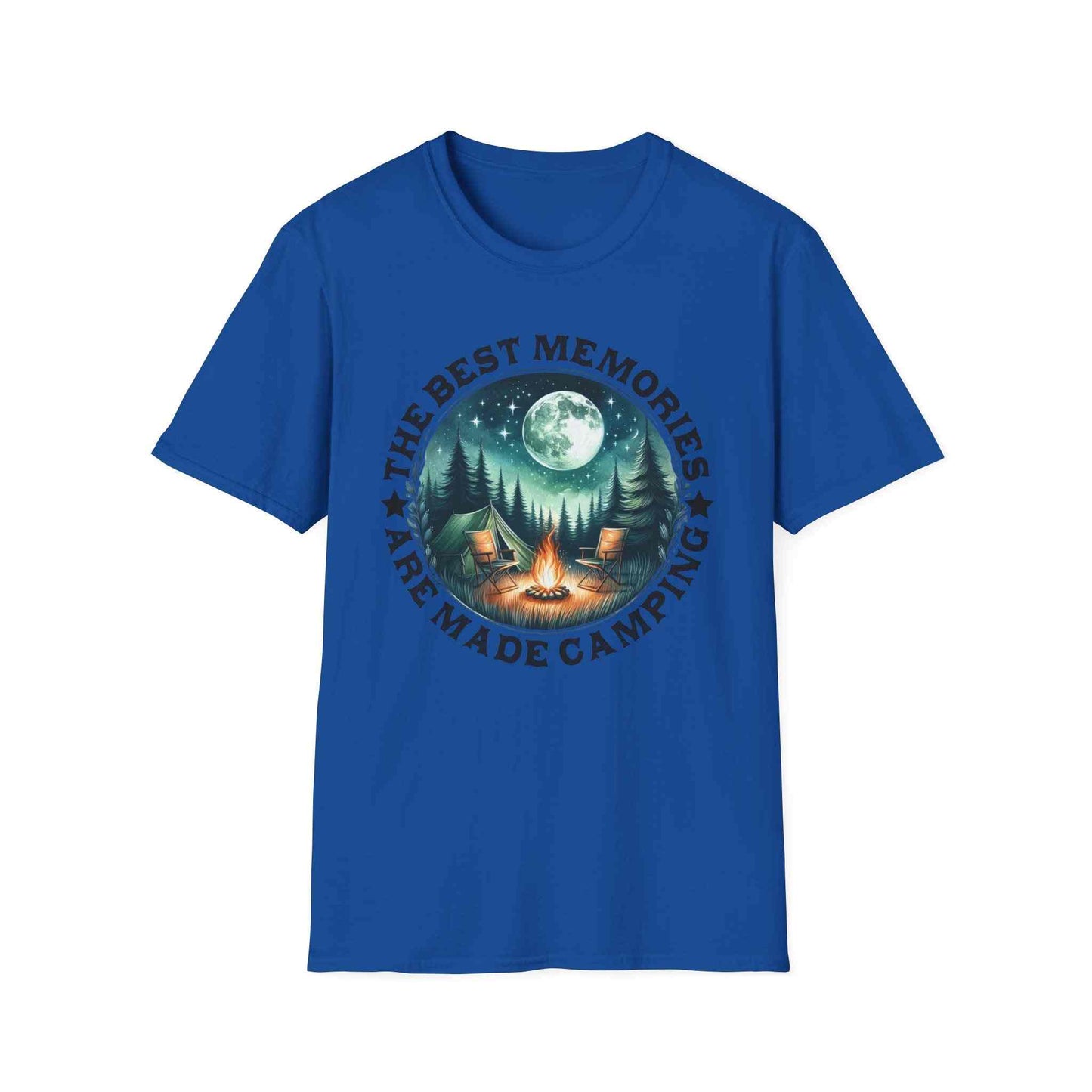 Blue unisex softstyle t-shirt with camping scene and "The best memories are made camping" text, Camping Memories Unisex outdoor tee