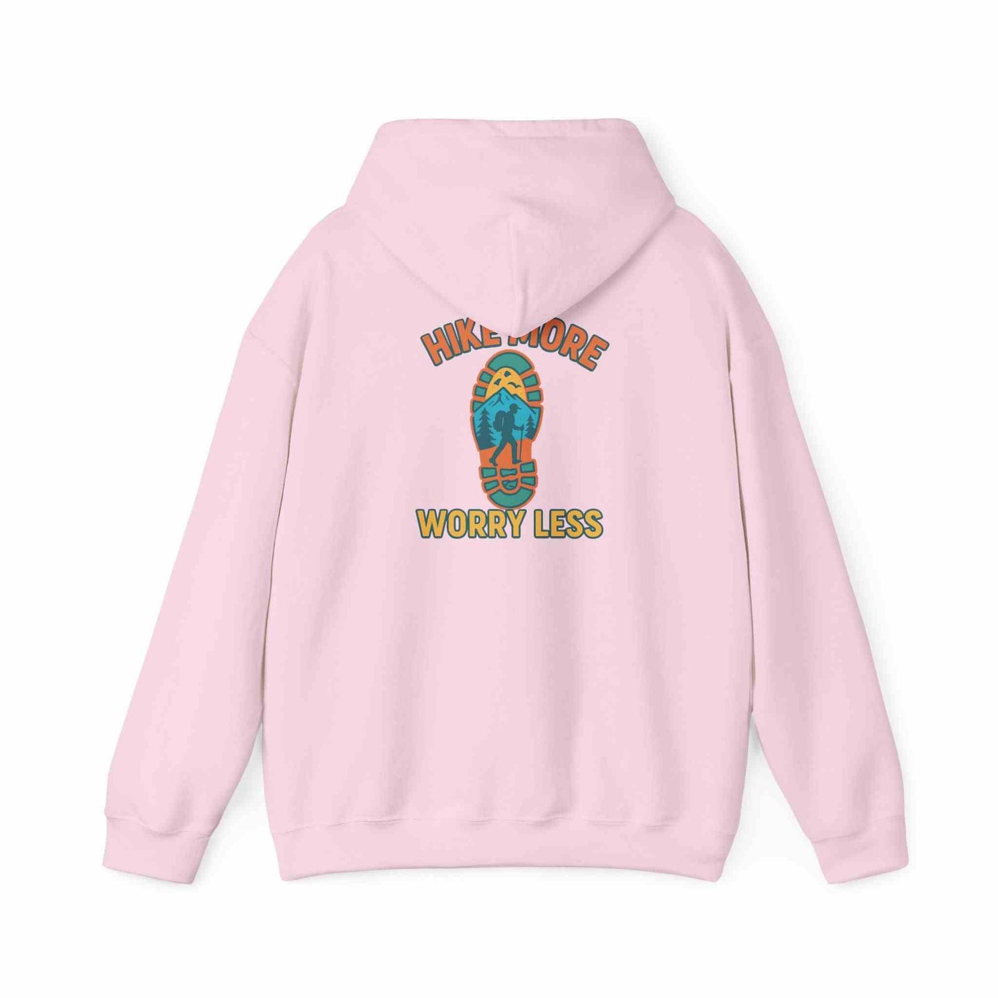 Unisex Heavy Blend™ Hooded Sweatshirt in pink with "Hike More Worry Less" design and hiking boot print on back