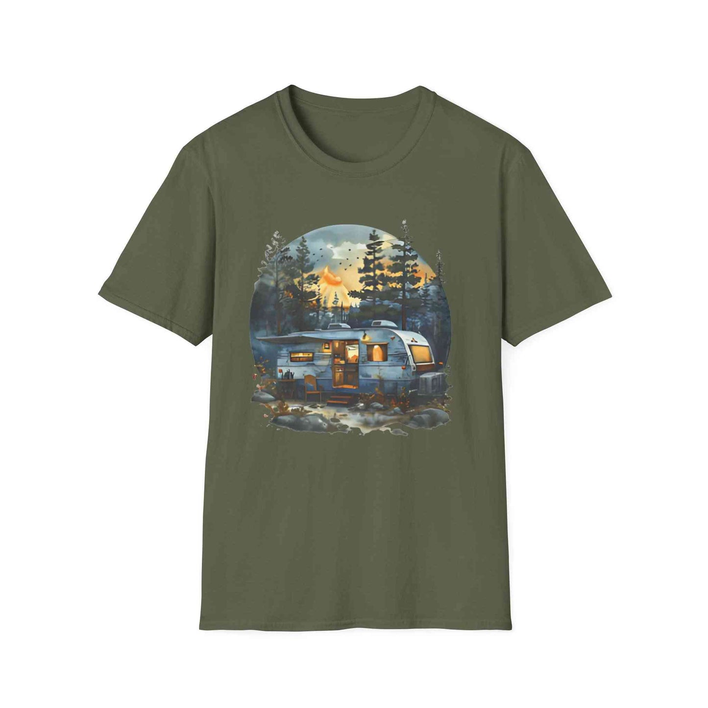 Cozy Camper Unisex Softstyle T-Shirt with outdoor camper trailer design on olive green background