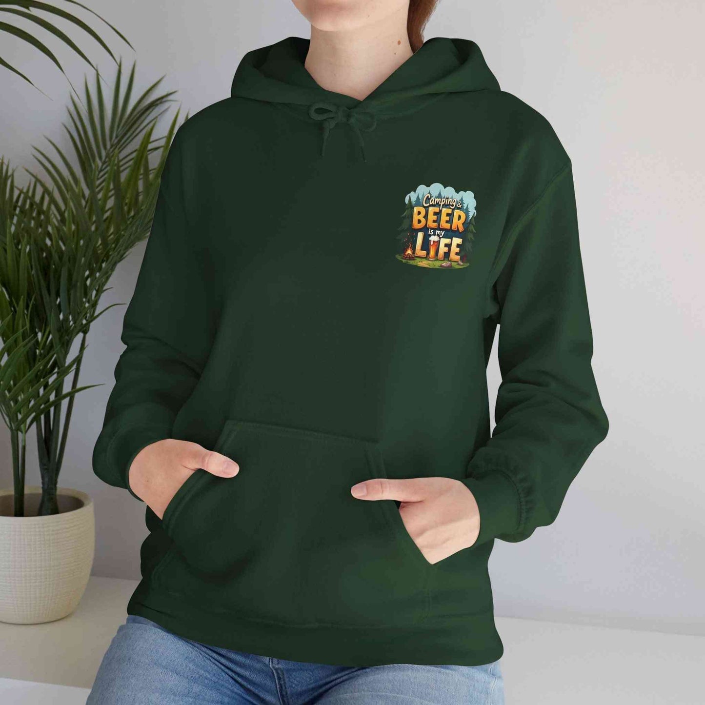 Unisex dark green Beer Life Camping Hoodie with front pocket and adjustable hood, perfect for outdoor and camping enthusiasts