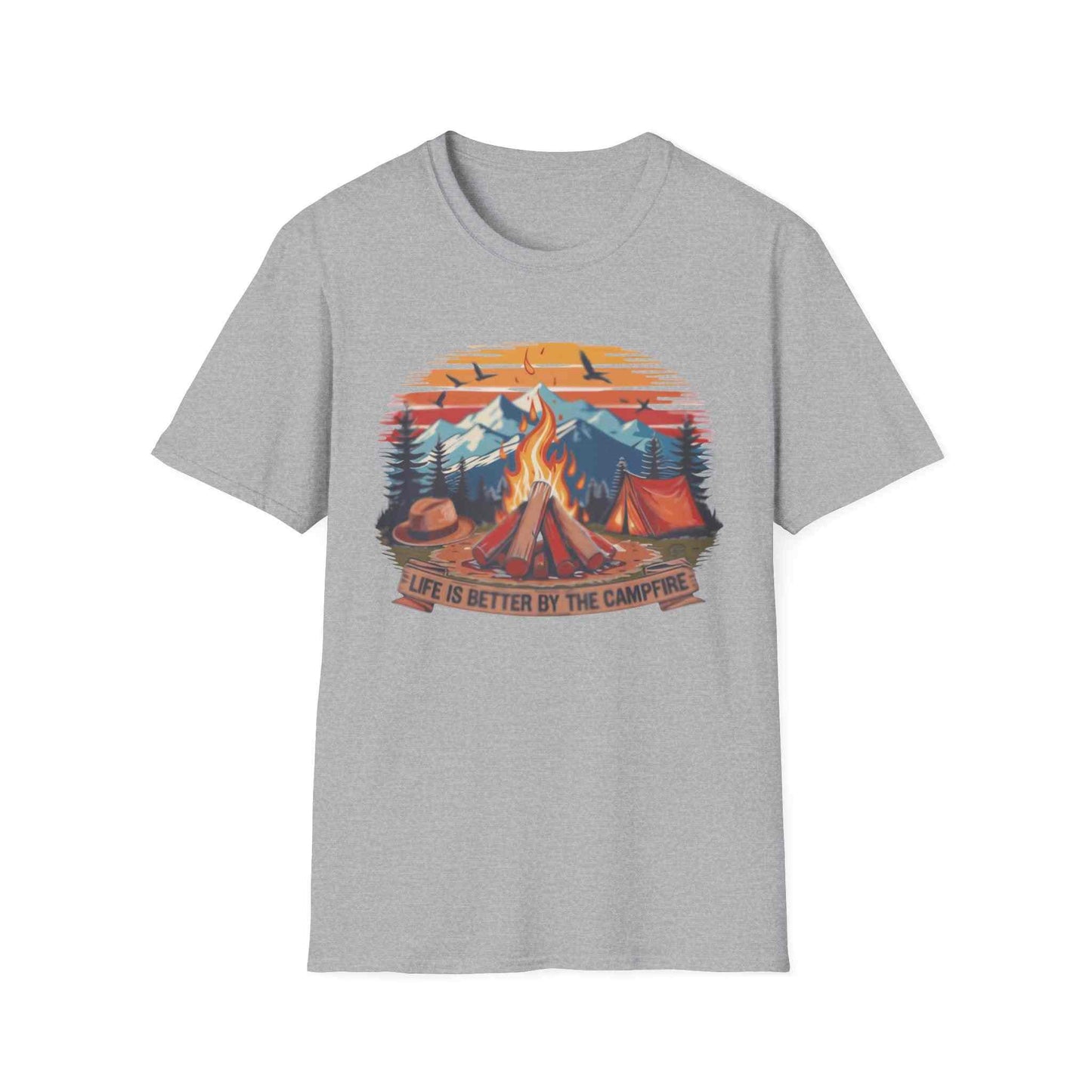 Grey unisex softstyle t-shirt with campfire, mountains, and tent graphic and "Life is better by the campfire" text, perfect for outdoor lovers.