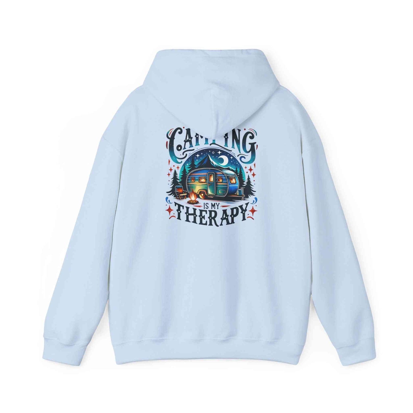 Light blue Camping Therapy Sweatshirt hoodie with colorful camping graphic and text on the back