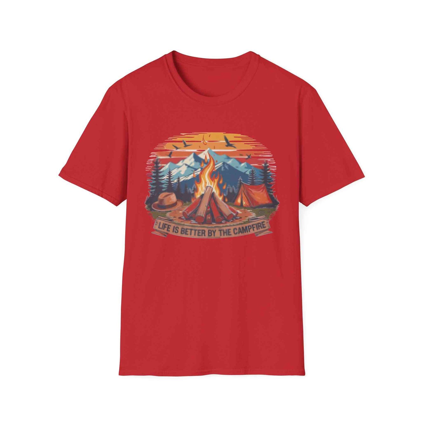 Red Campfire Vibes Unisex Softstyle T-Shirt with outdoor camping graphic and "Life is Better by the Campfire" text