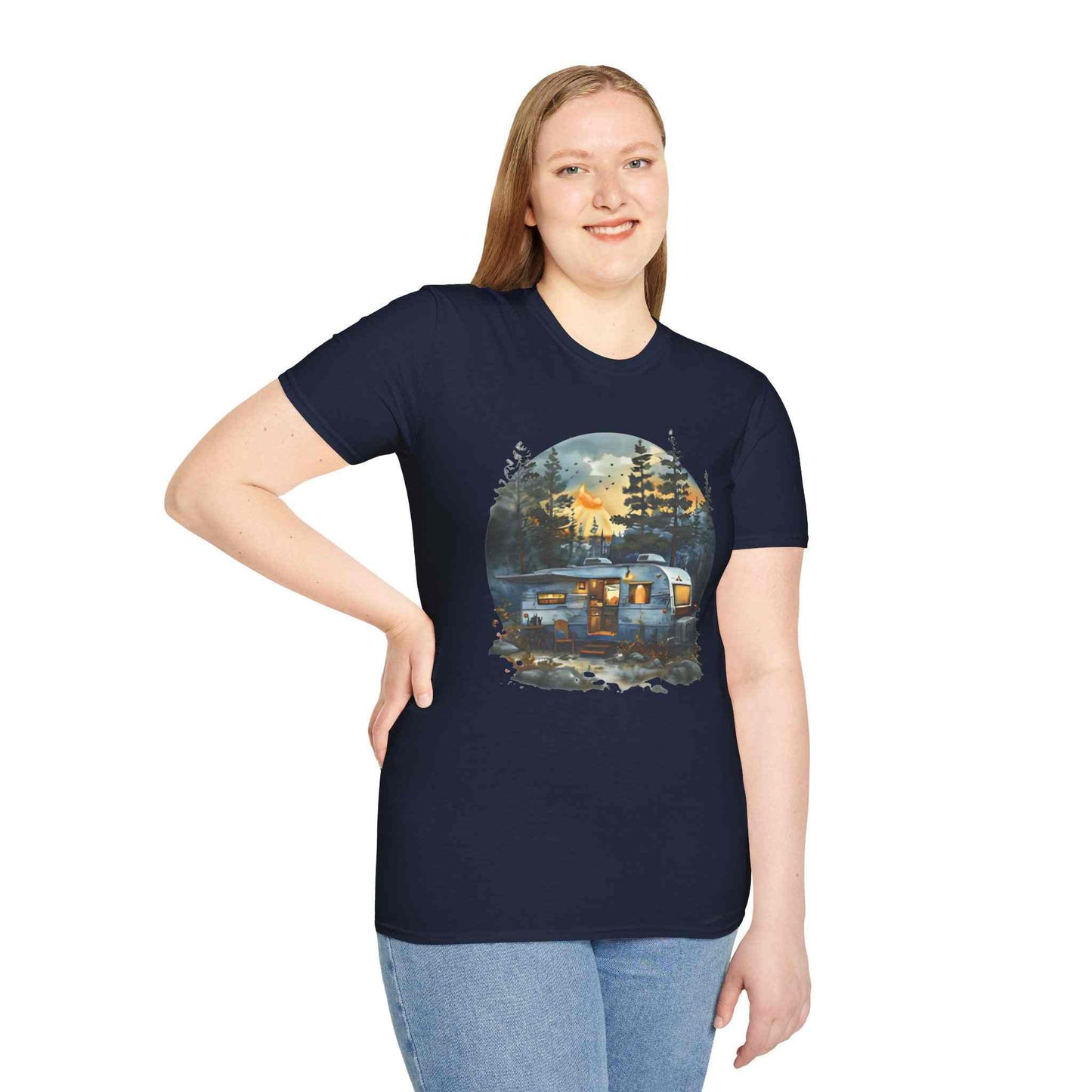 Cozy Camper Unisex softstyle t-shirt with vintage camper and forest design, lightweight and comfortable.