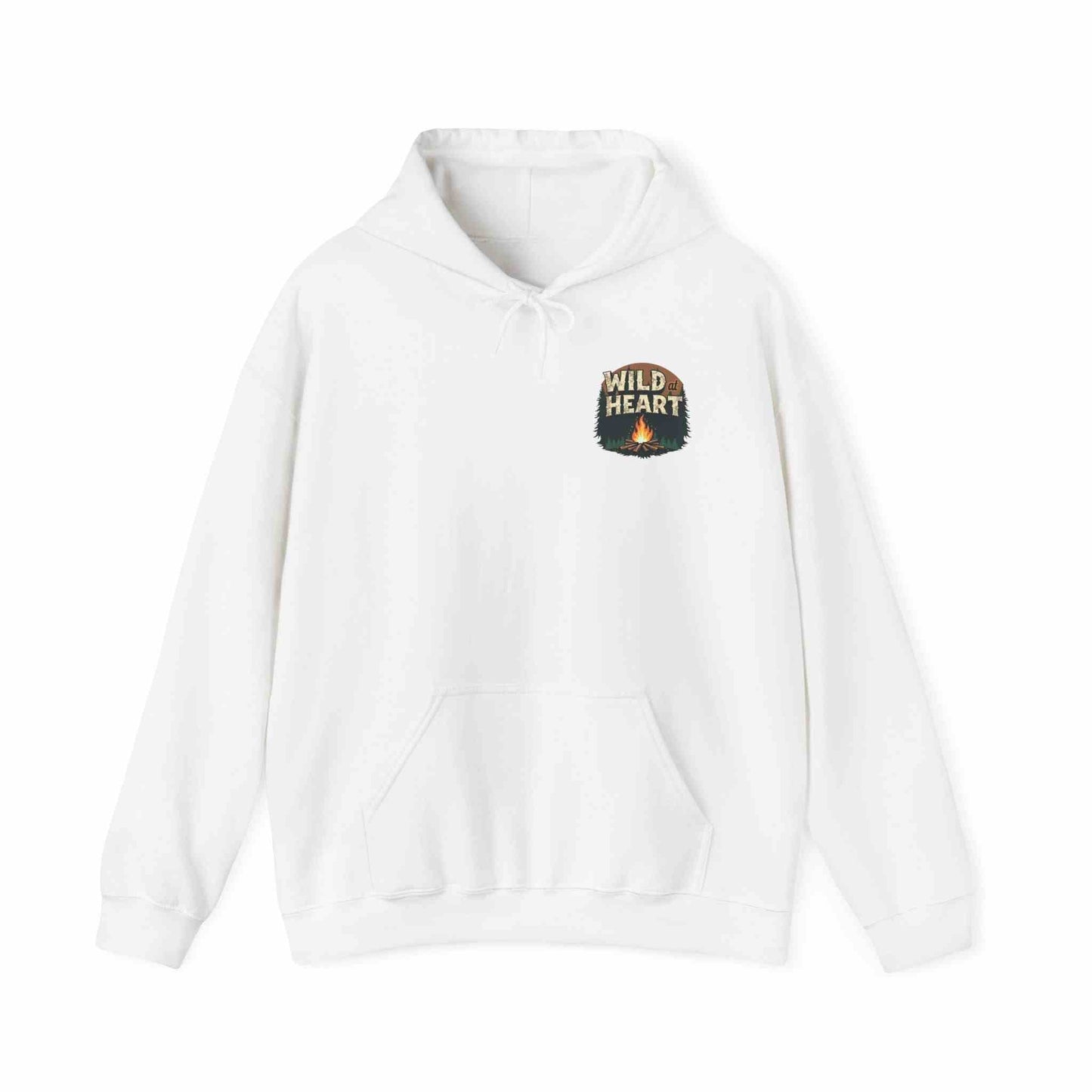 White Wild Heart Unisex Hoodie with cozy camping logo on chest, soft fabric, relaxed fit for outdoor adventures