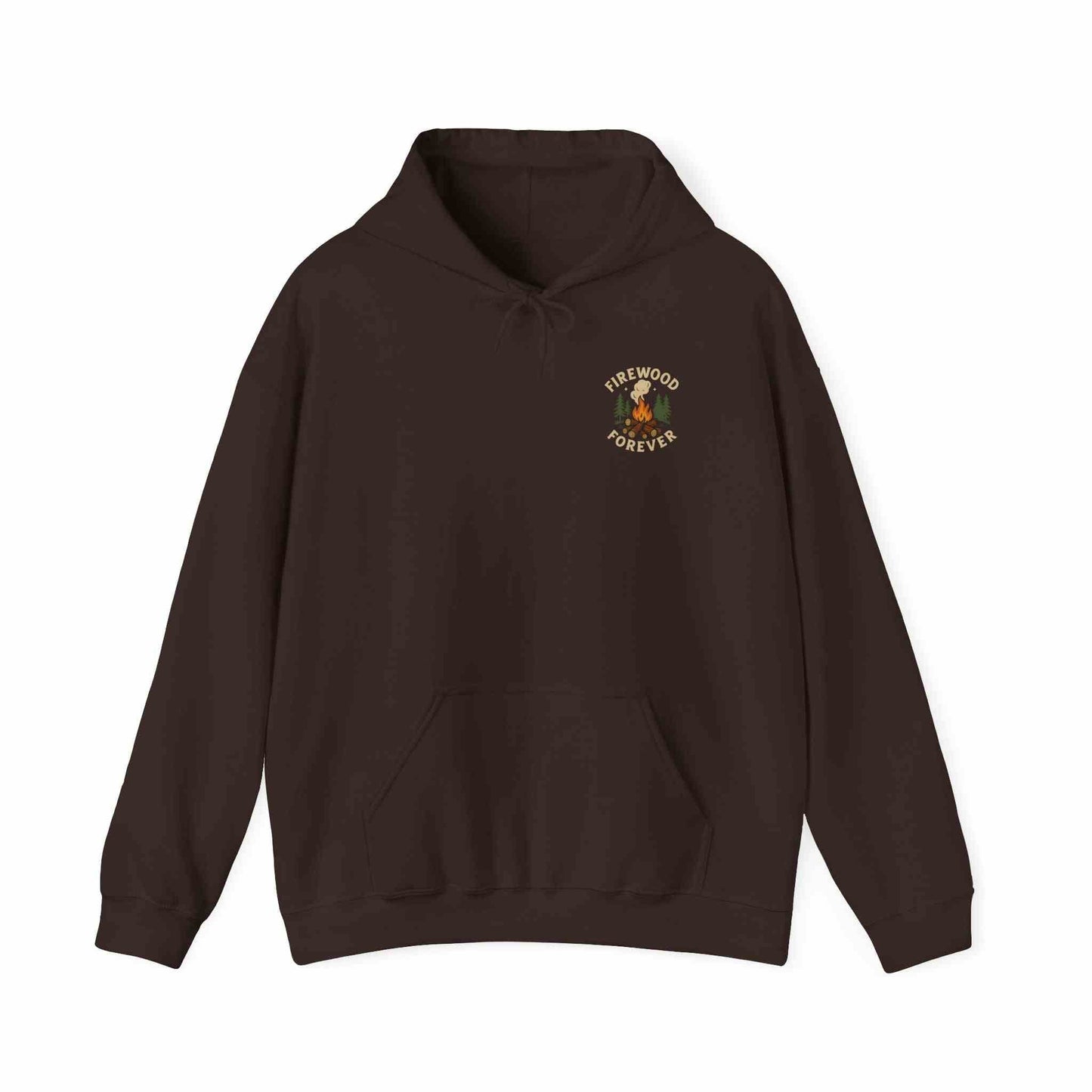 brown unisex Cozy Campfire Hoodie with "Firewood Forever" graphic on chest, warm and soft sweatshirt for outdoor activities