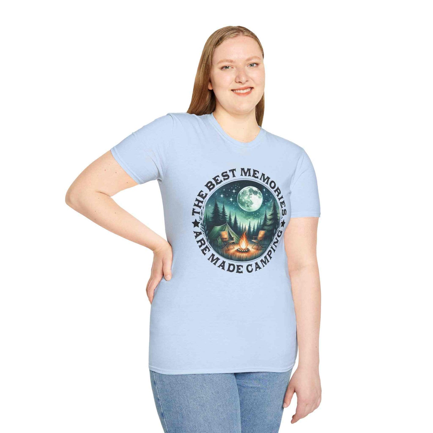 woman wearing light blue Camping Memories Unisex softstyle t-shirt with outdoor camping graphic and text