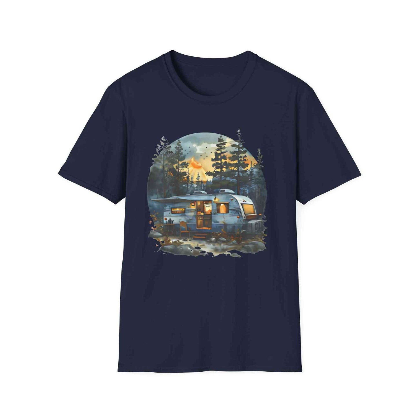 Cozy Camper Unisex Softstyle T-Shirt with scenic camper and forest design on navy blue background