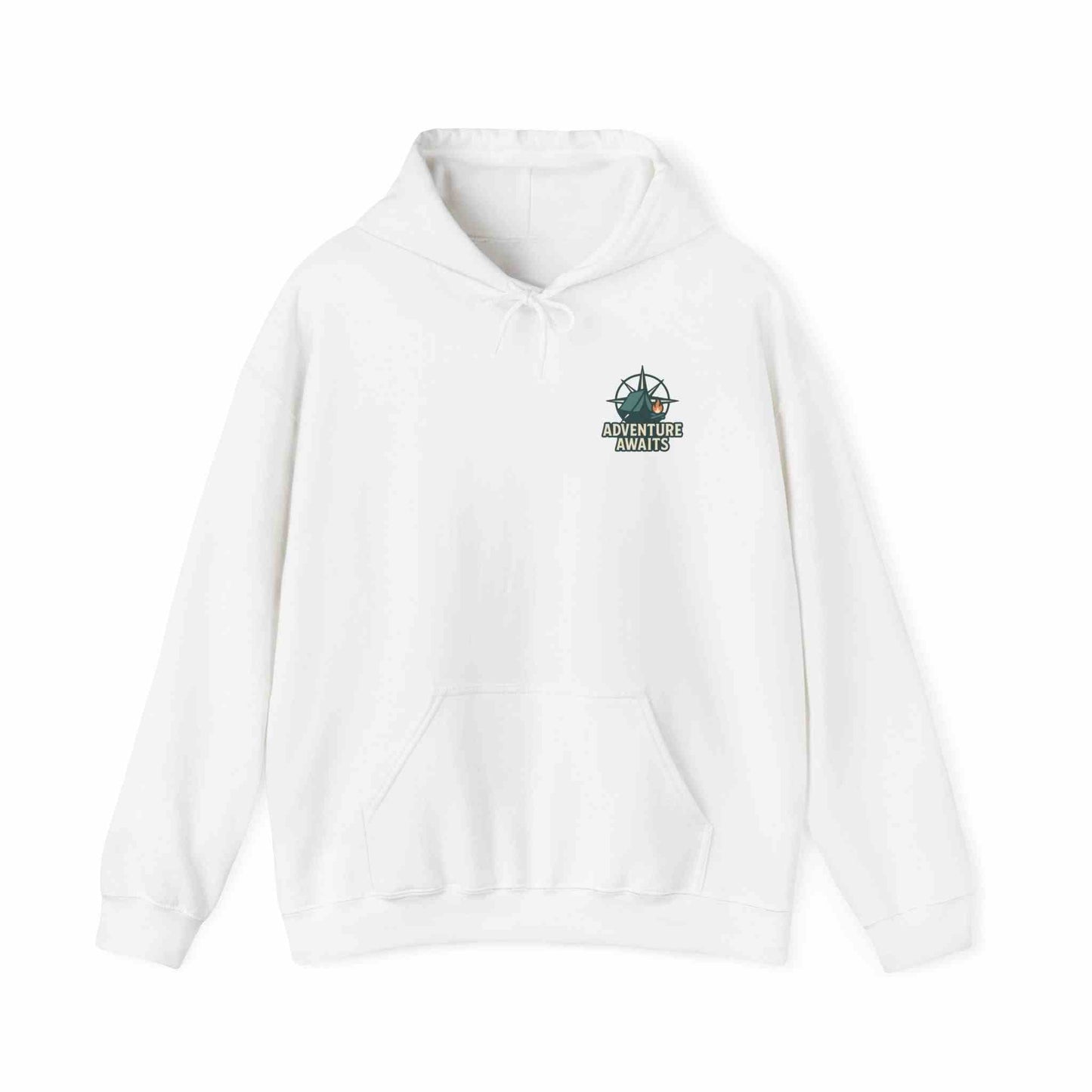 White unisex hoodie with Adventure Awaits compass logo for travel and outdoor lovers