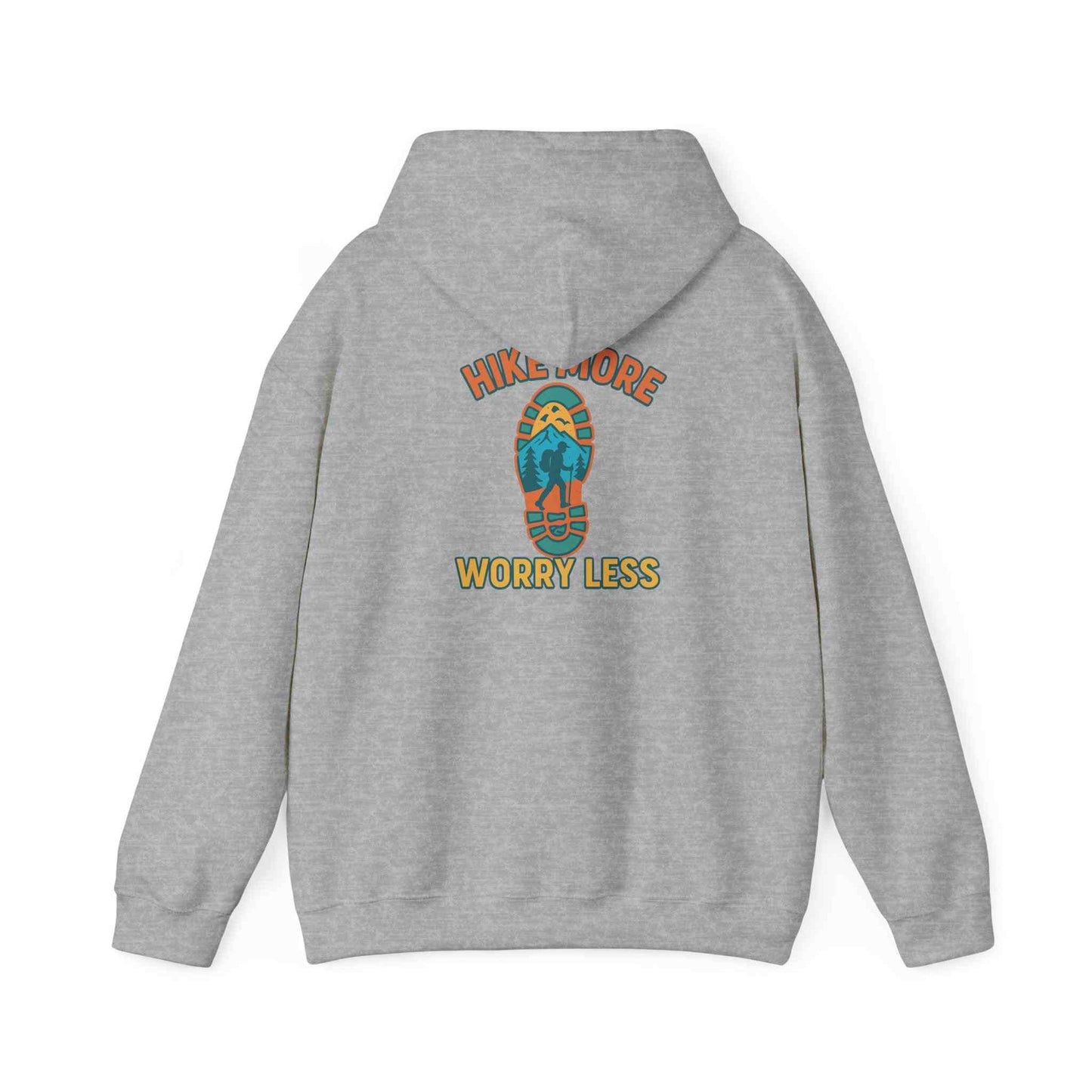 unisex heavy blend™ hooded sweatshirt in grey with hike more worry less graphic on back