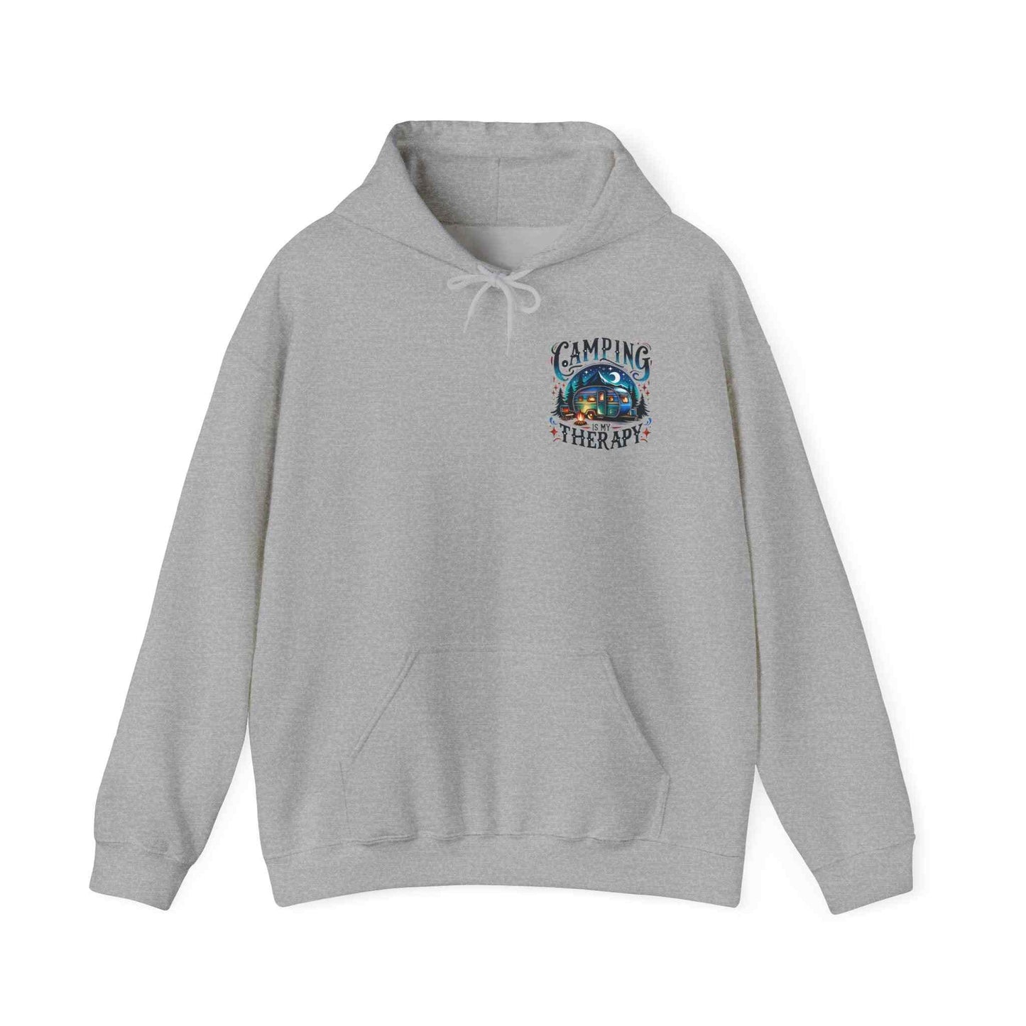 Gray cozy hooded Camping Therapy Sweatshirt with outdoor nature graphic on front