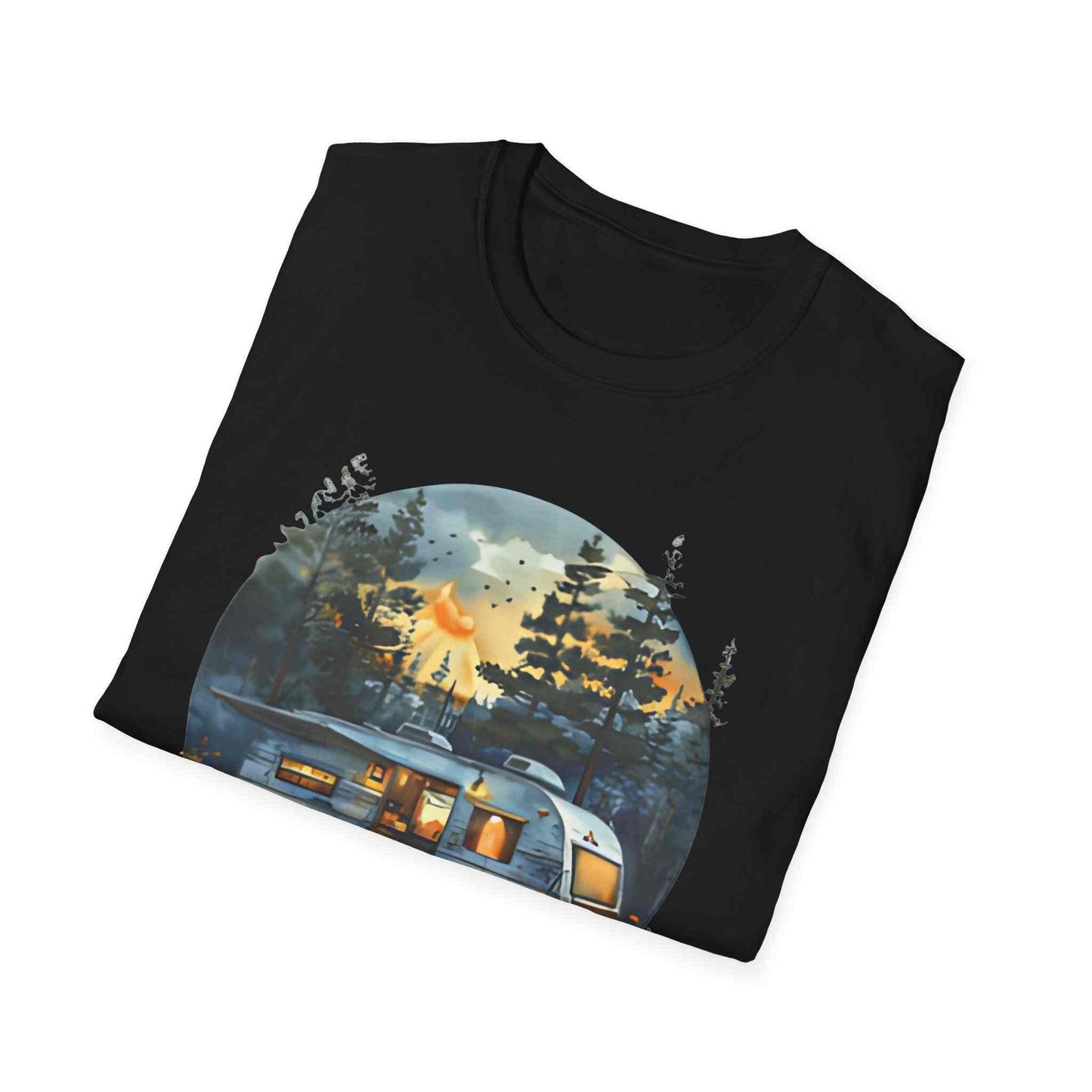 Cozy Camper Unisex Softstyle T-Shirt with camper and forest design on black breathable cotton fabric