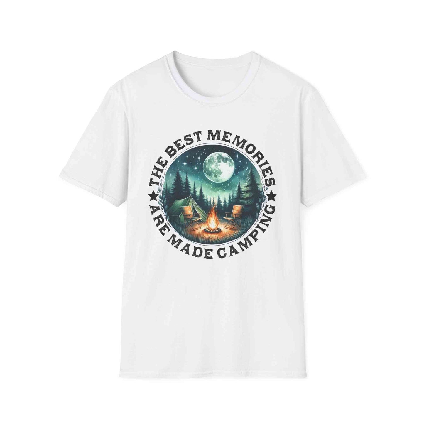 Camping Memories Unisex Softstyle T-Shirt with camping scene and slogan "The best memories are made camping"