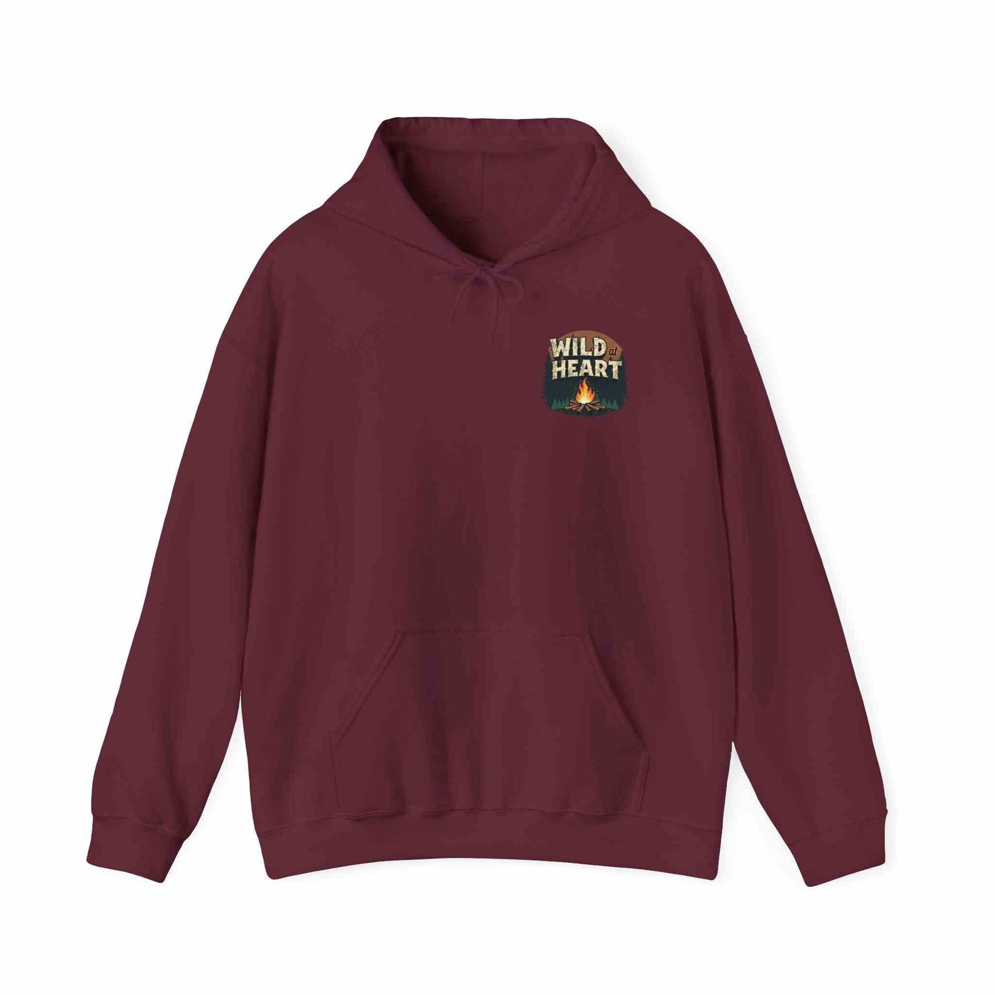 Wild Heart Unisex Hoodie cozy maroon sweatshirt with camping logo and front pocket