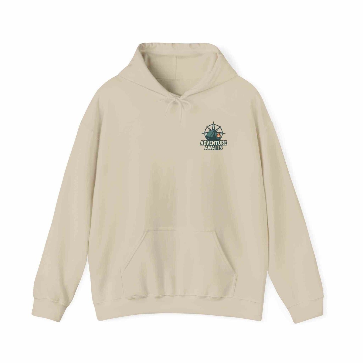 Beige unisex Adventure Awaits hoodie with compass logo, casual travel and outdoor wear