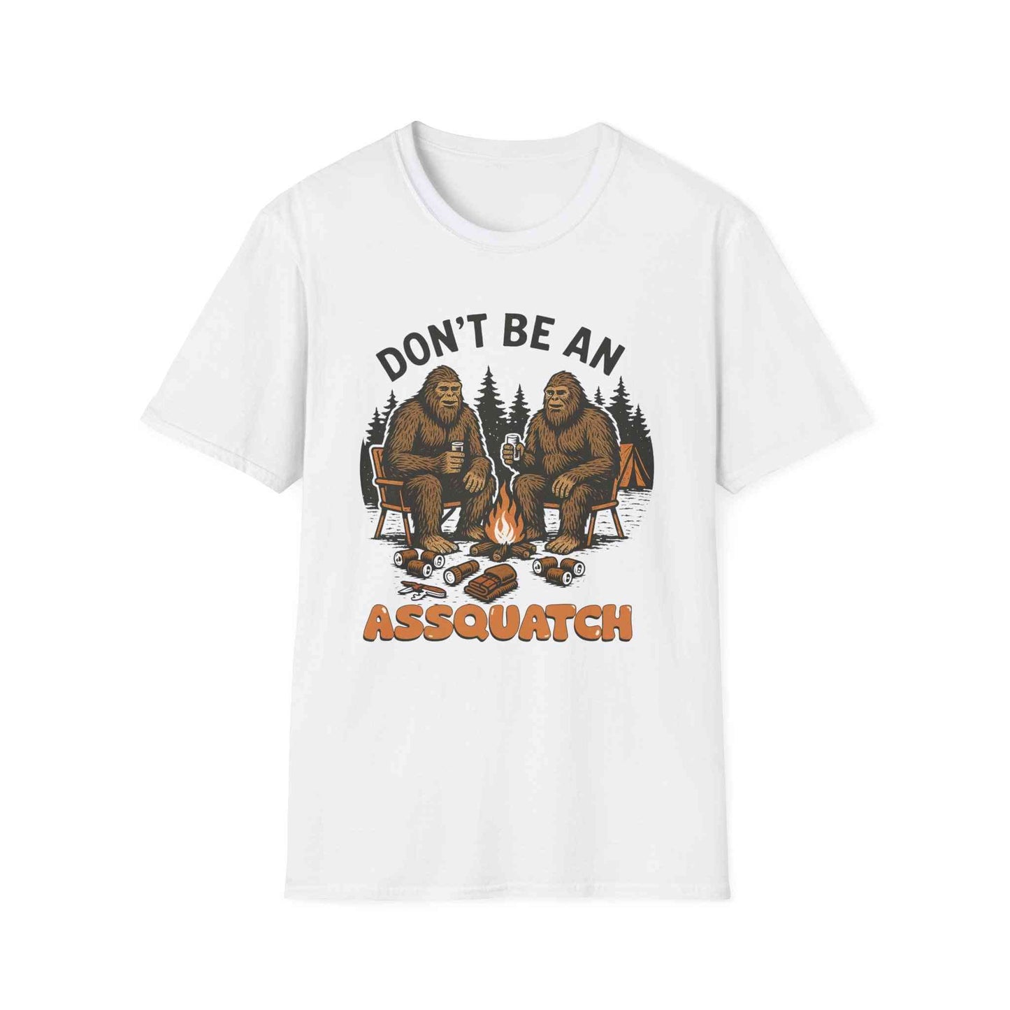Funny Sasquatch Camping T-Shirt with humorous Bigfoot graphic around campfire on white unisex cotton tee
