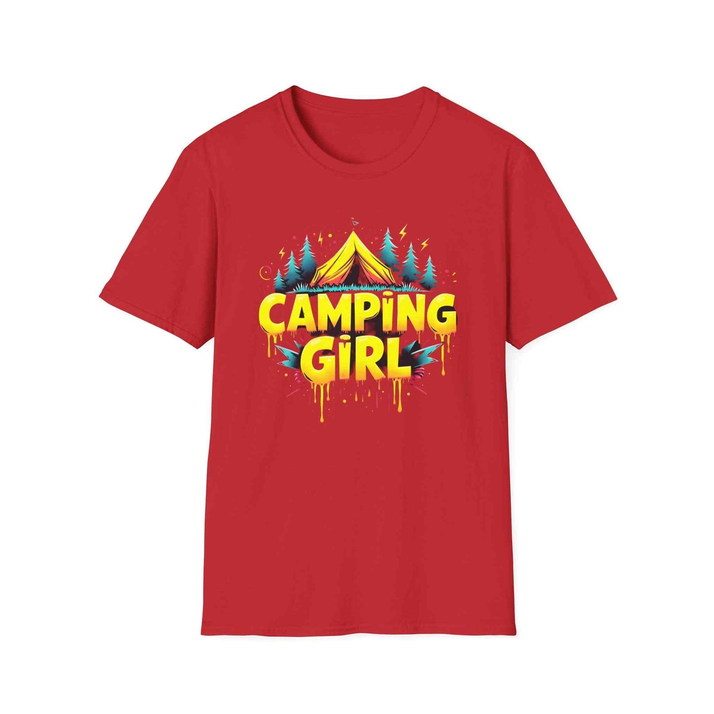 Camping Girl Unisex Softstyle T-Shirt, Outdoor Adventure Tee, Gift for Campers, Hiking Apparel, Summer Vacation Shirt
