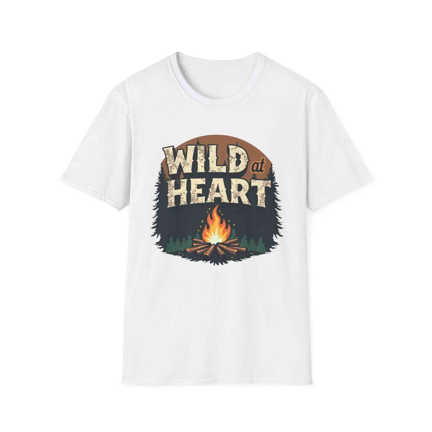 White Wild at Heart Camping T-Shirt with campfire and forest graphic design