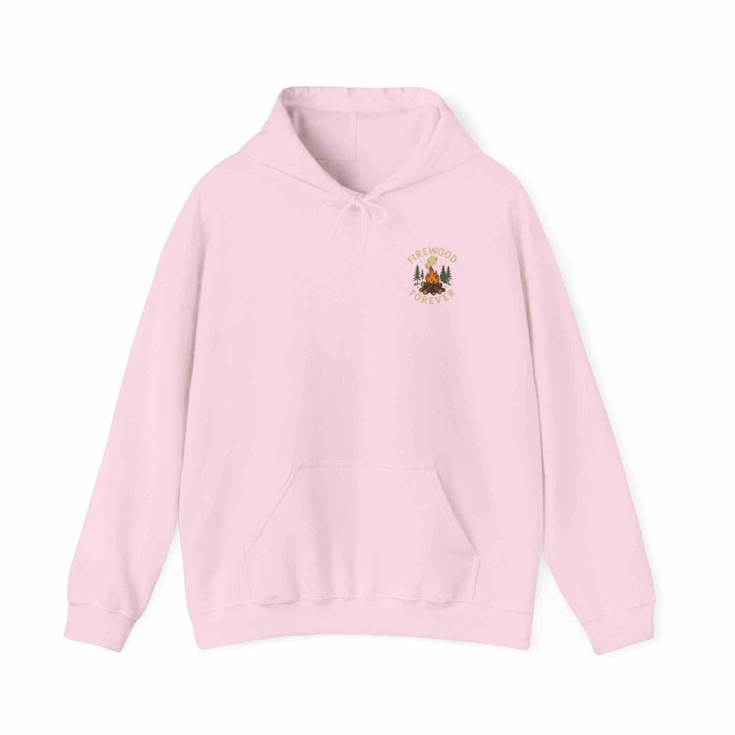 pink unisex Cozy Campfire Hoodie with campfire graphic and Firewoods Forever text