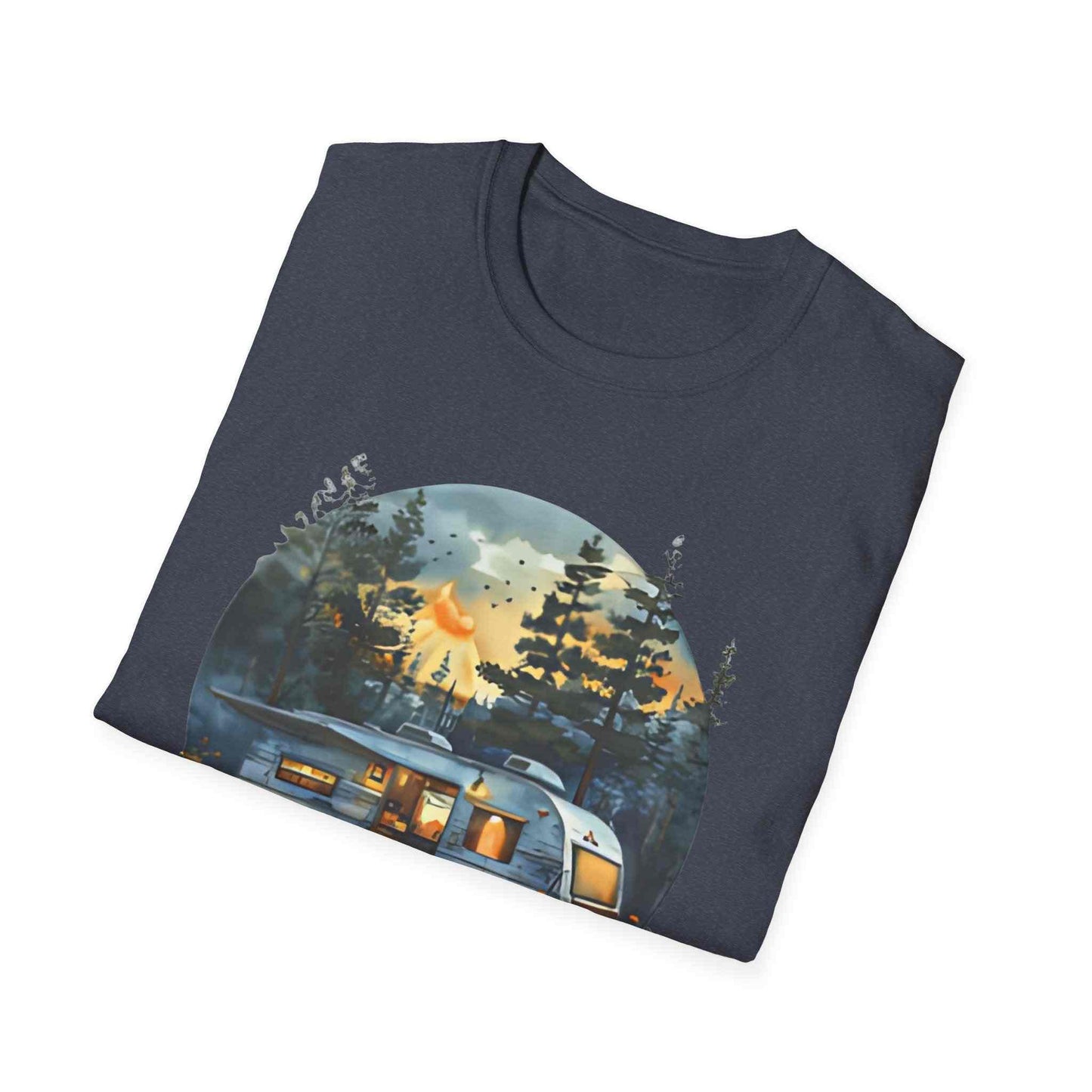 Cozy Camper Unisex softstyle t-shirt with camping trailer and forest design on navy blue fabric