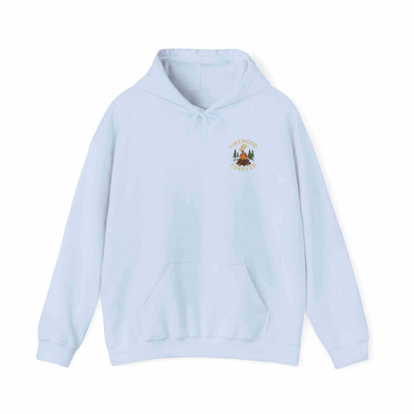 Light blue Cozy Campfire Hoodie with firewood graphic, unisex warm sweatshirt