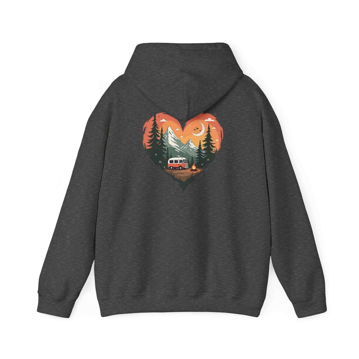 Dark gray unisex hoodie with heart-shaped nature scene featuring trees, mountains, sunset, camper van, and campfire, cozy outdoor sweatshirt.