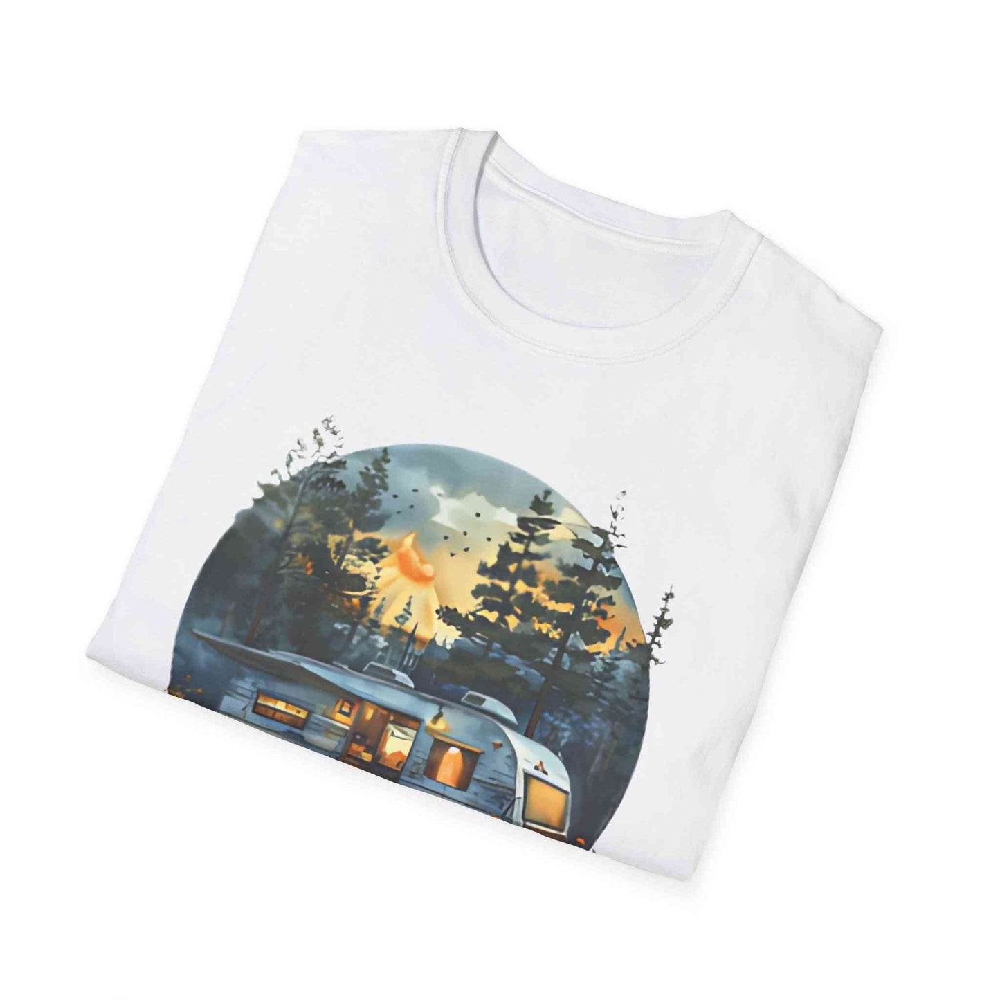 Cozy Camper Unisex Softstyle T-Shirt with outdoor camper and forest design on white fabric