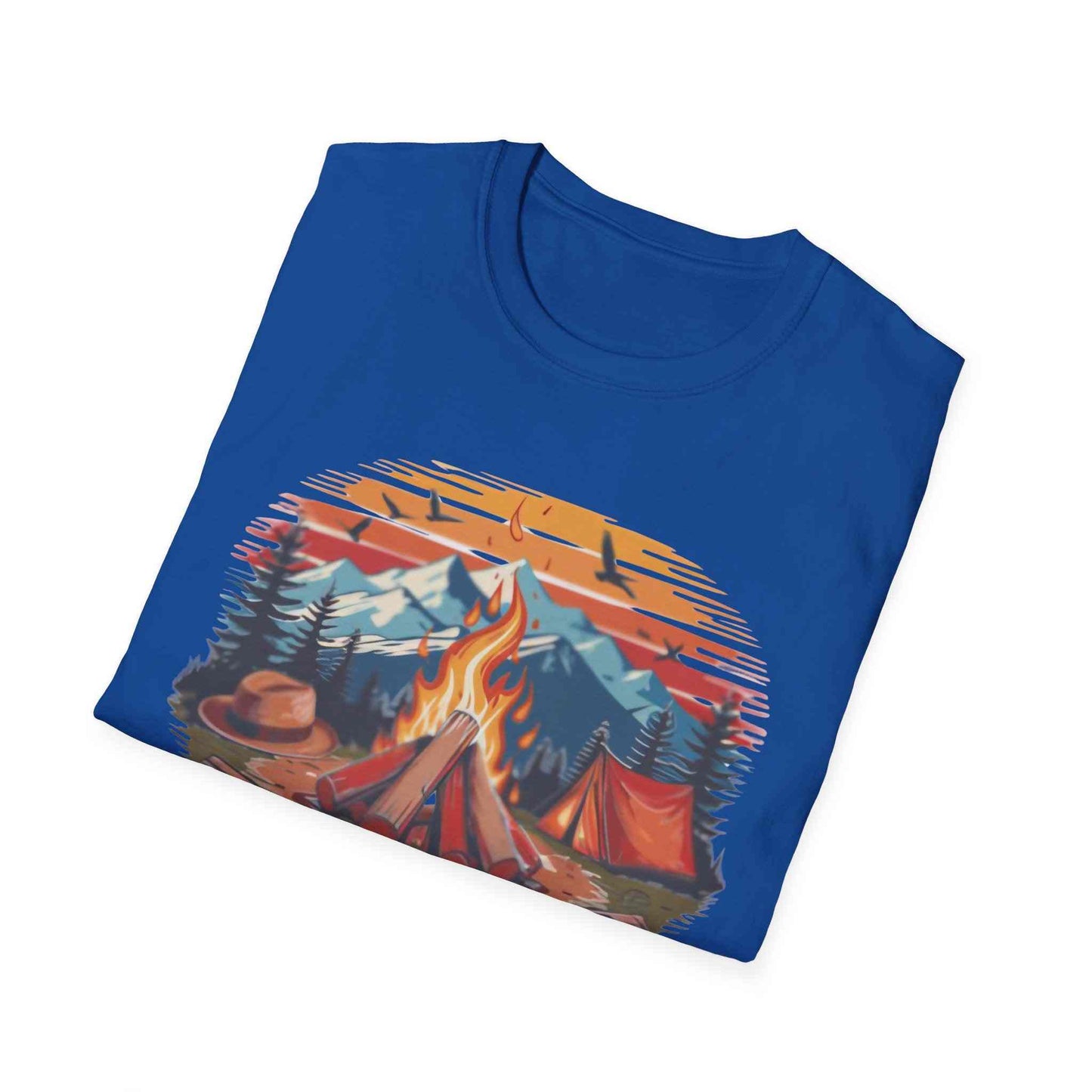 Campfire Vibes Unisex Softstyle T-Shirt with outdoor campfire and mountain design on blue fabric