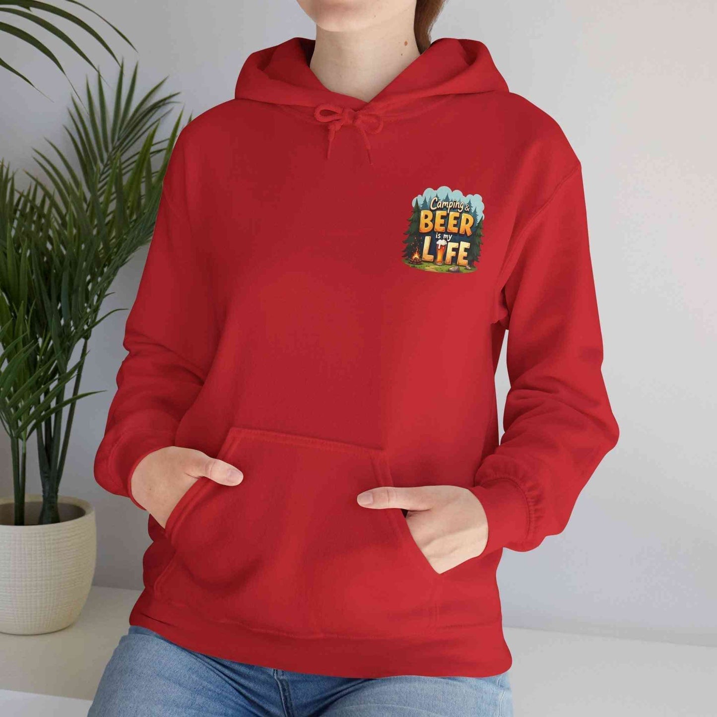 Unisex red Beer Life Camping Hoodie with kangaroo pocket and adjustable hood, perfect outdoor sweatshirt for campers and beer lovers