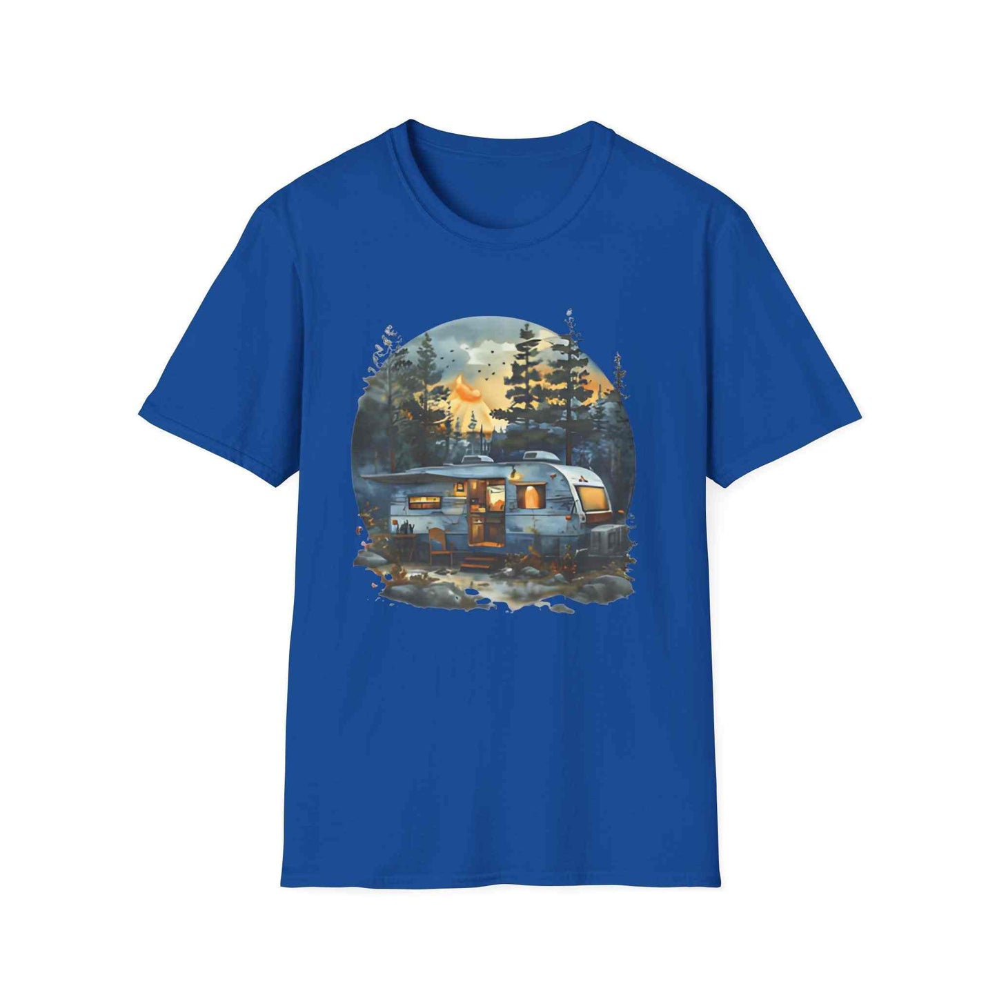 Cozy Camper Unisex softstyle t-shirt with outdoor camper trailer design in blue