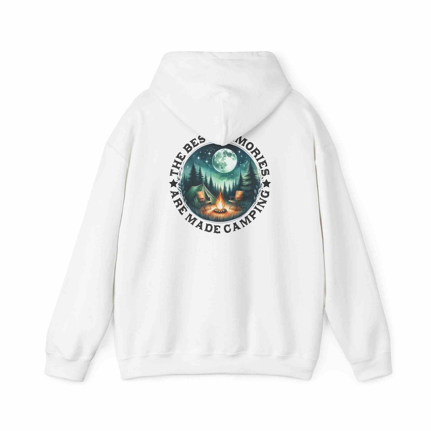 White unisex hoodie with camping scene and "The Best Memories Are Made Camping" text on back, cozy sweatshirt for outdoor adventures
